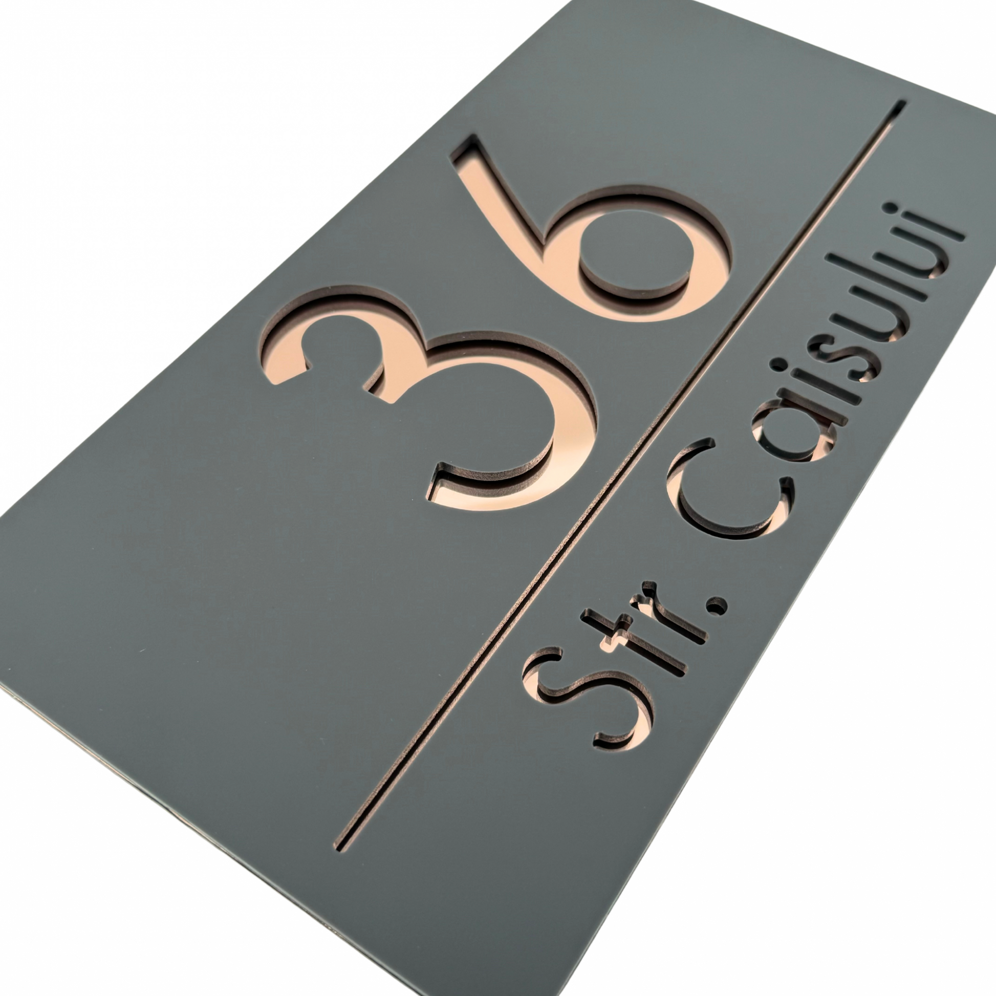 PREMIUM HOUSE NUMBER - Satin Grey Rose Gold Mirror - 28×15 cm