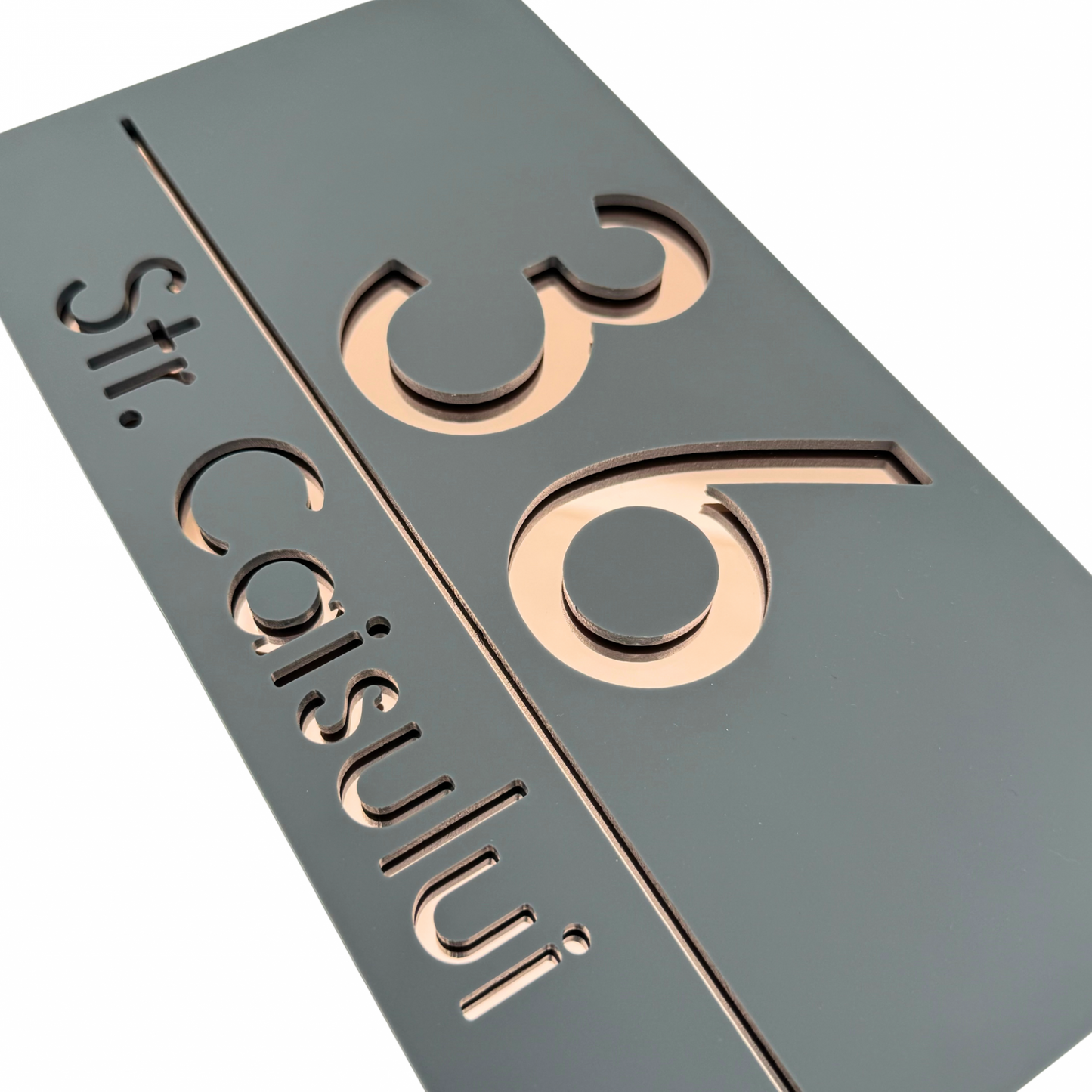 PREMIUM HOUSE NUMBER - Satin Grey Rose Gold Mirror - 28×15 cm