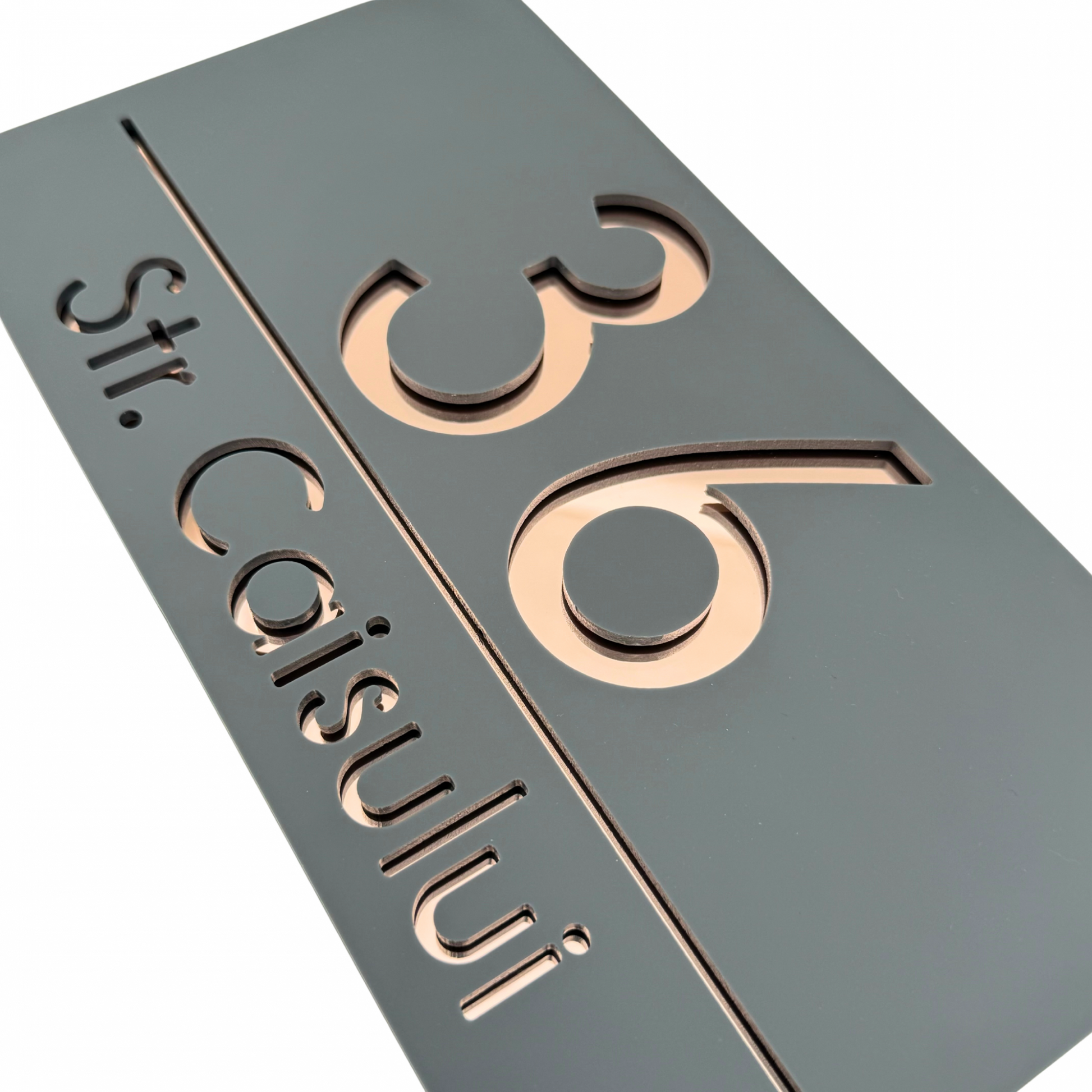 PREMIUM HOUSE NUMBER - Satin Grey Rose Gold Mirror - 28×15 cm
