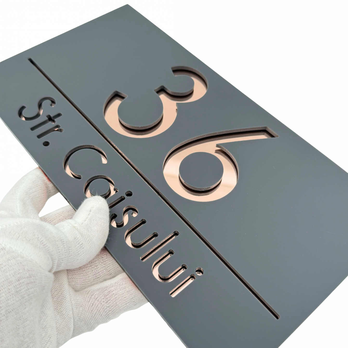 PREMIUM HOUSE NUMBER - Satin Grey Rose Gold Mirror - 28×15 cm