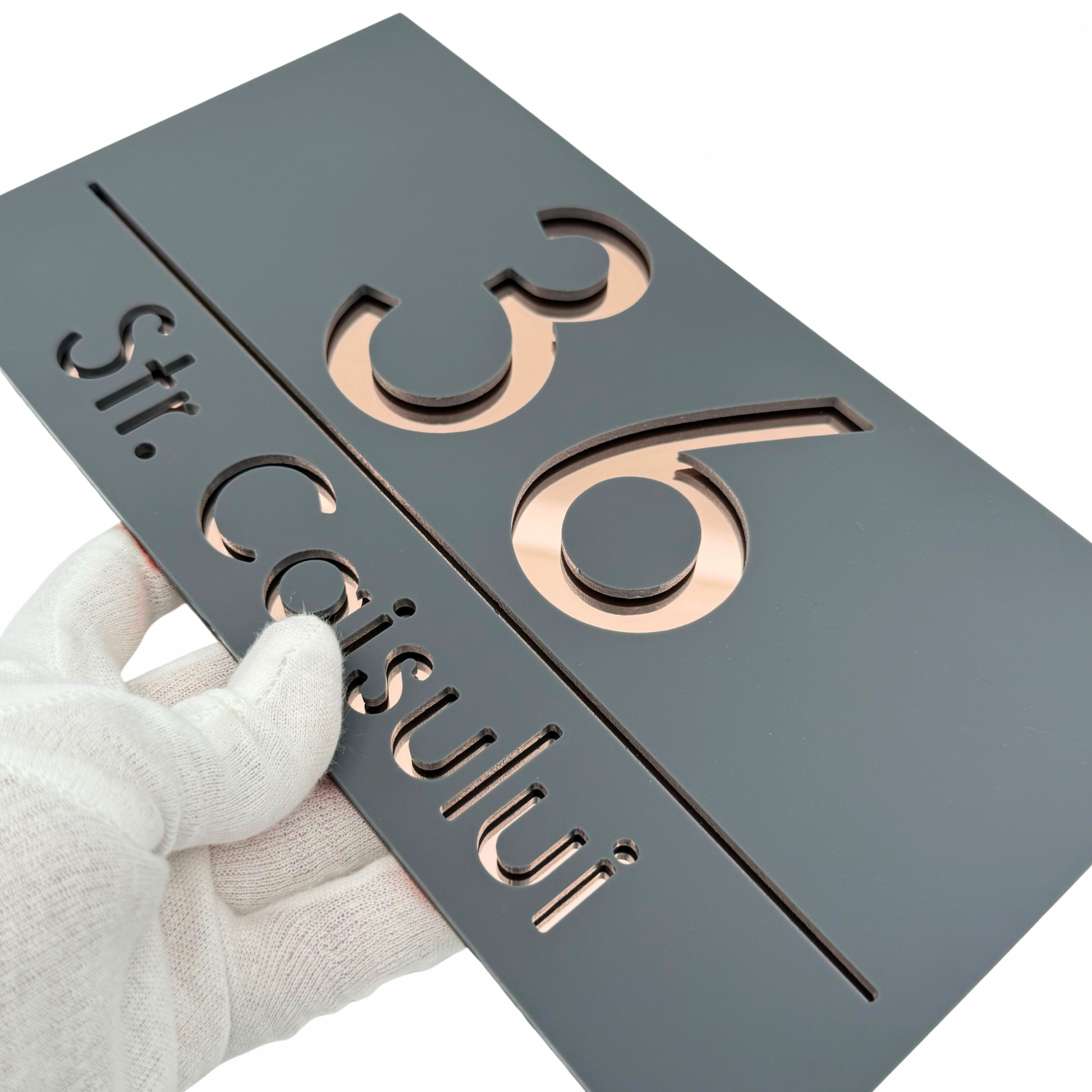 PREMIUM HOUSE NUMBER - Satin Grey Rose Gold Mirror - 28×15 cm