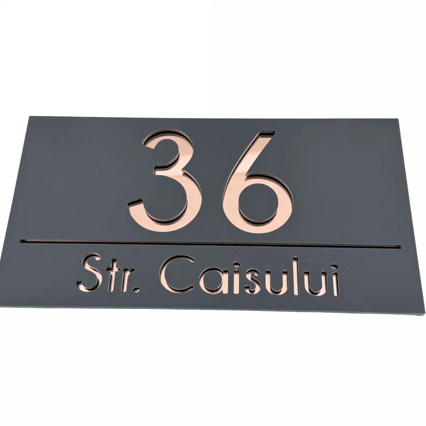 PREMIUM HOUSE NUMBER - Satin Grey Rose Gold Mirror - 28×15 cm