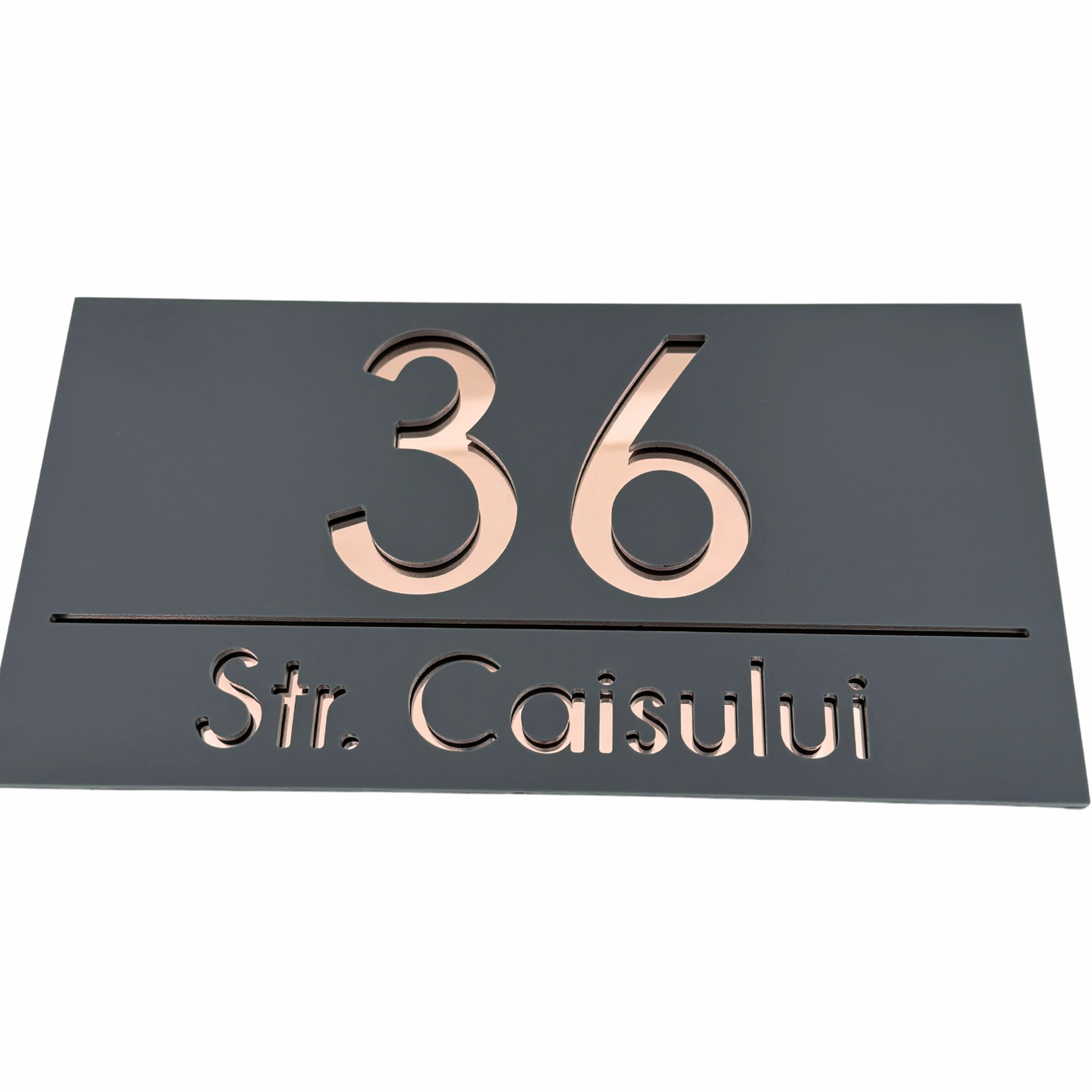 PREMIUM HOUSE NUMBER - Satin Grey Rose Gold Mirror - 28×15 cm