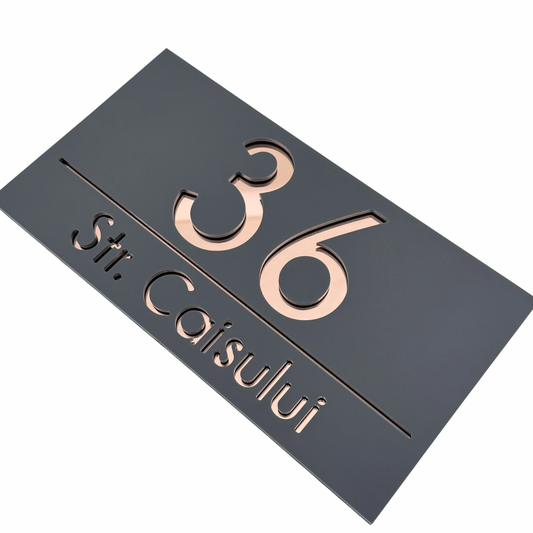 PREMIUM HOUSE NUMBER - Satin Grey Rose Gold Mirror - 28×15 cm