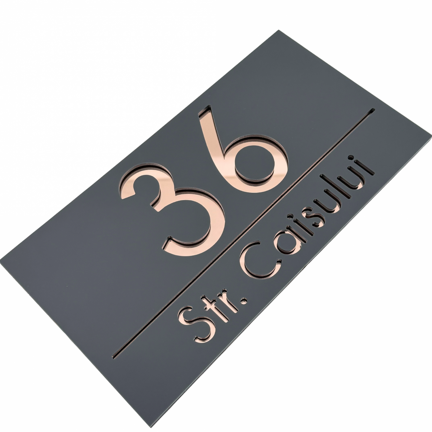 PREMIUM HOUSE NUMBER - Satin Grey Rose Gold Mirror - 28×15 cm