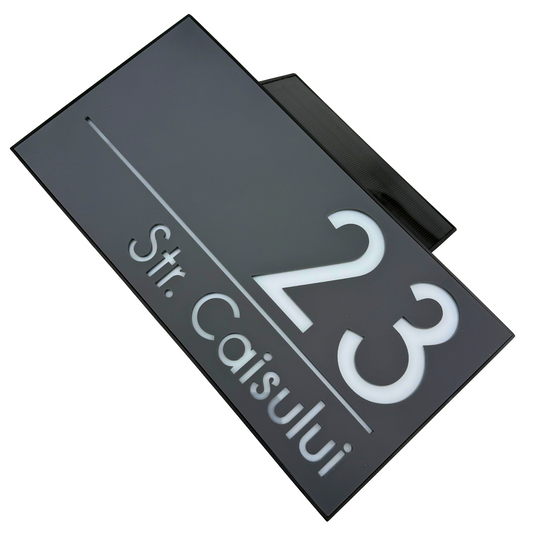PREMIUM HOUSE NUMBER - Satin Grey Caseta Led Solar - 30×15 cm