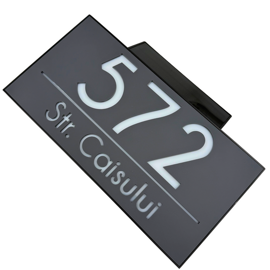 PREMIUM HOUSE NUMBER - Satin Grey Caseta Led Solar - 30×15 cm