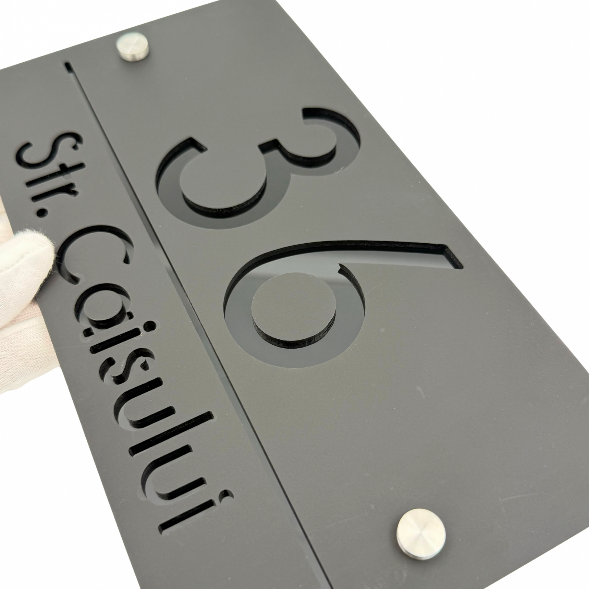 PREMIUM HOUSE NUMBER - Satin Black Glossy Black 2 Spacers Silver - 28×15 cm