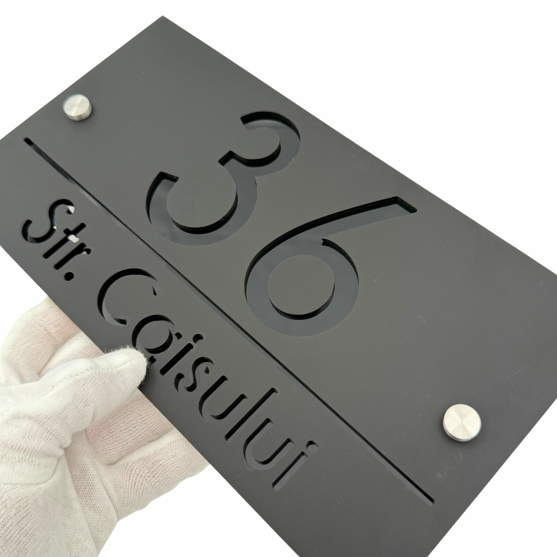 PREMIUM HOUSE NUMBER - Satin Black Glossy Black 2 Spacers Silver - 28×15 cm