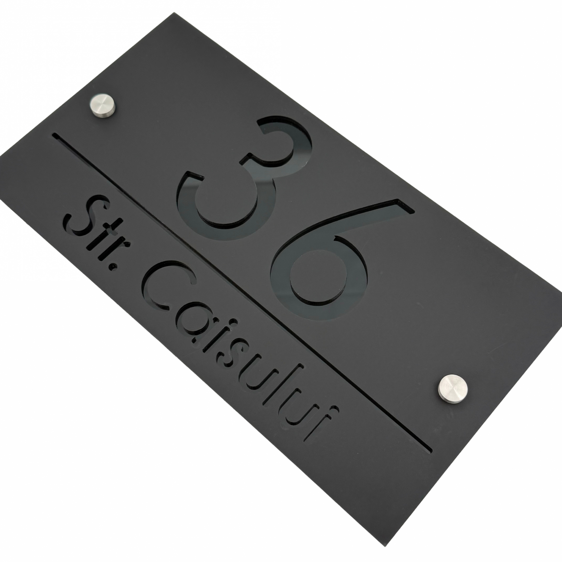 PREMIUM HOUSE NUMBER - Satin Black Glossy Black 2 Spacers Silver - 28×15 cm