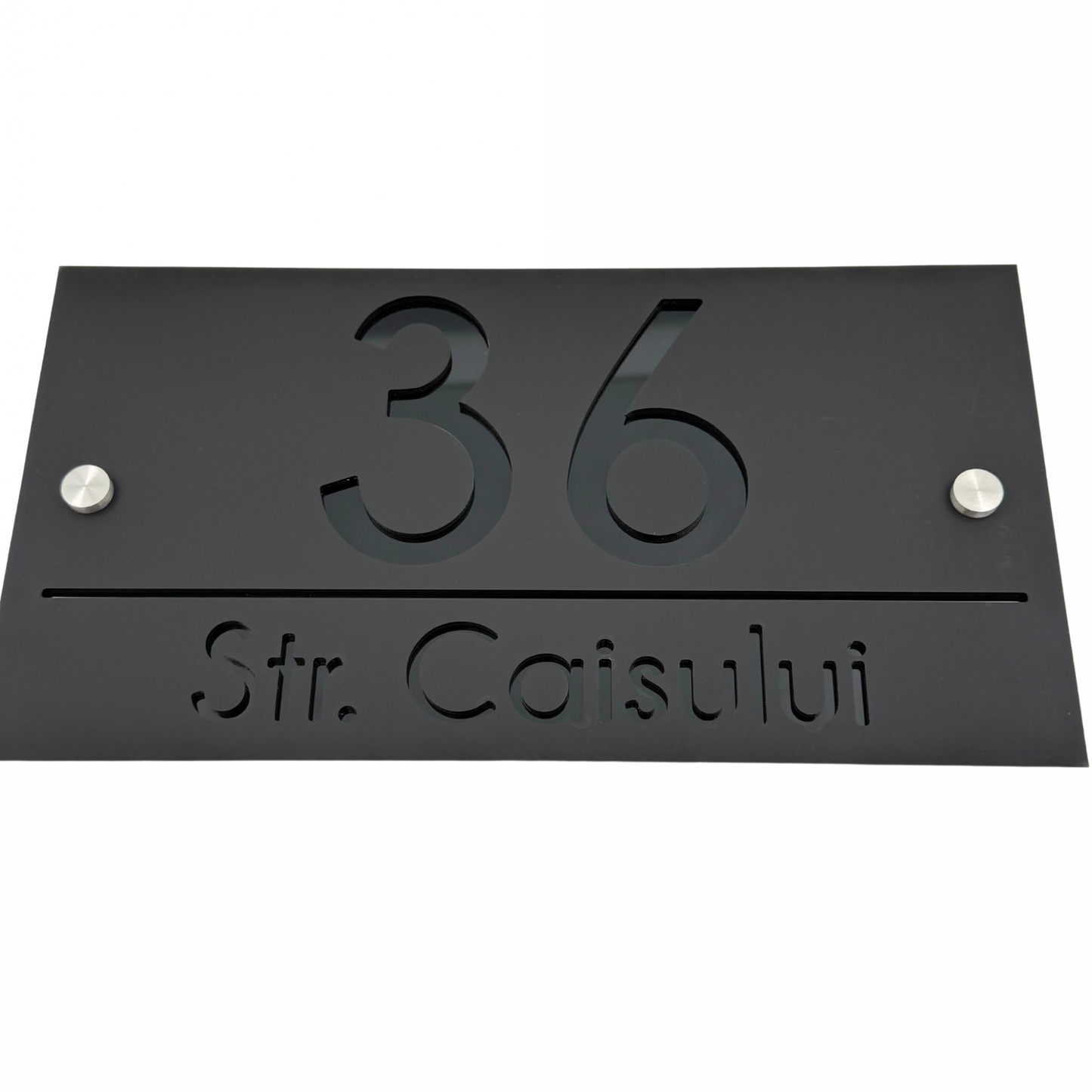 PREMIUM HOUSE NUMBER - Satin Black Glossy Black 2 Spacers Silver - 28×15 cm
