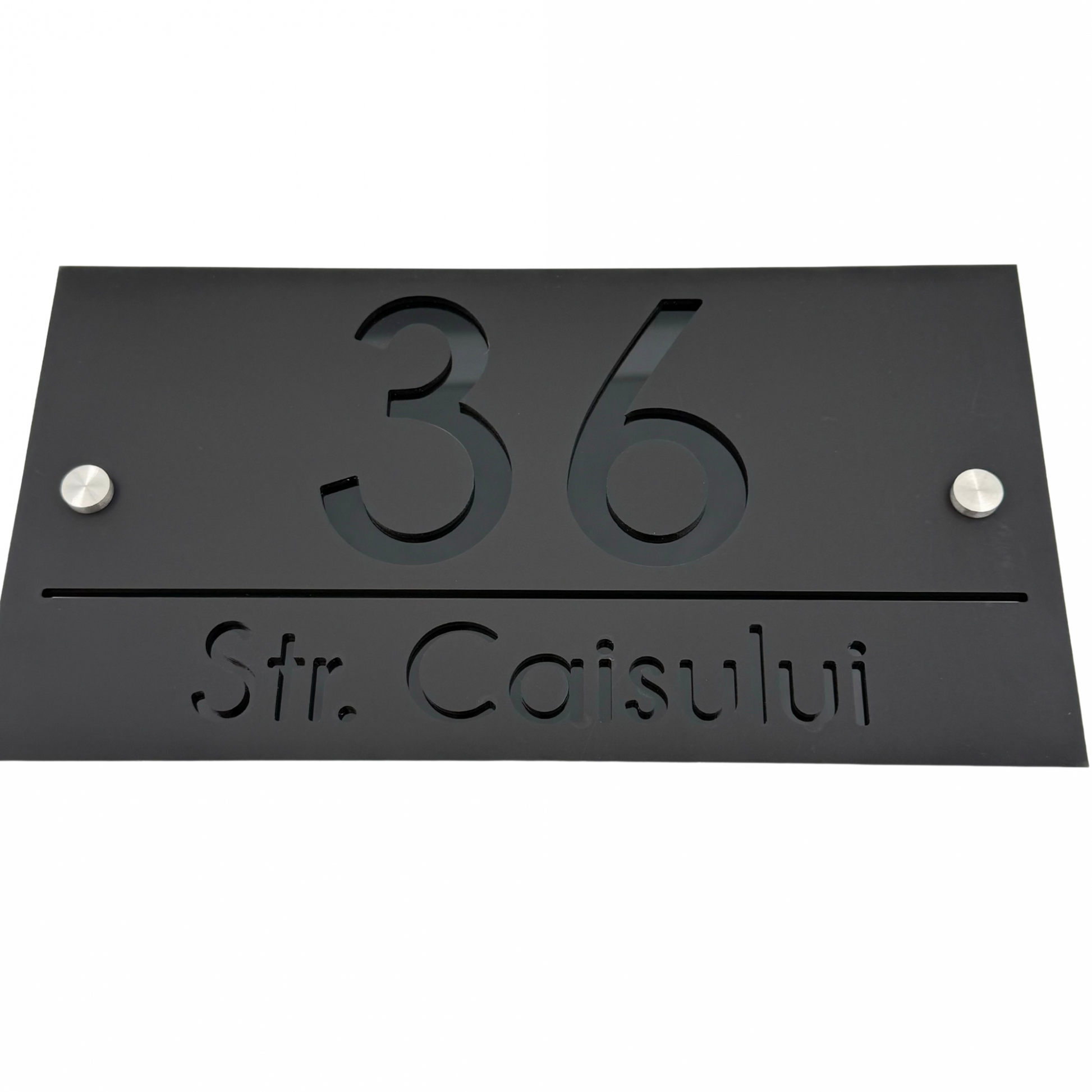 PREMIUM HOUSE NUMBER - Satin Black Glossy Black 2 Spacers Silver - 28×15 cm