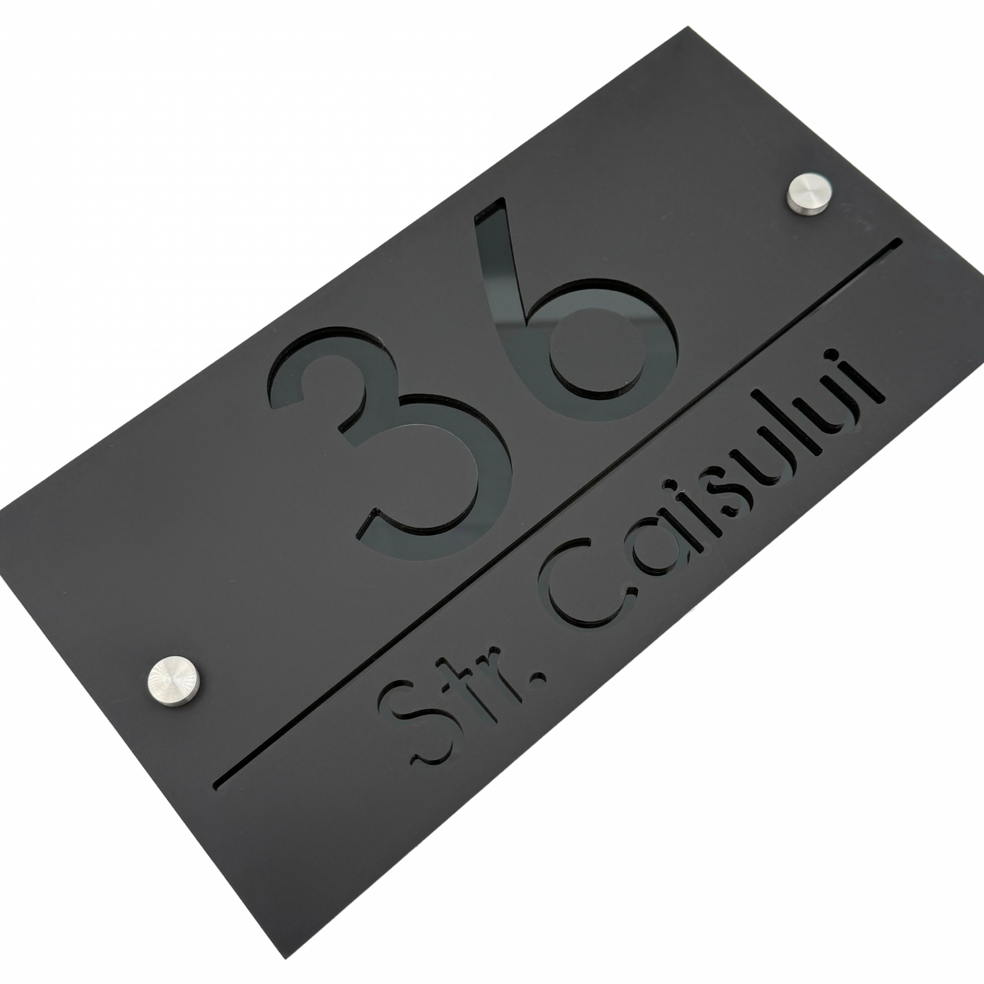 PREMIUM HOUSE NUMBER - Satin Black Glossy Black 2 Spacers Silver - 28×15 cm