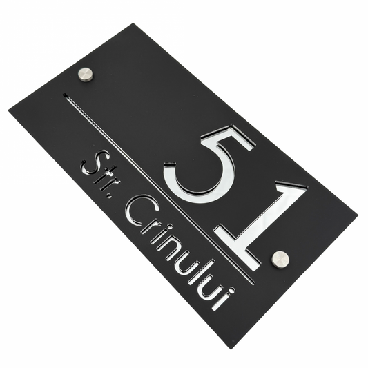 PREMIUM HOUSE NUMBER - Satin Black Silver Mirror 2 Spacers Silver - 28×15 cm