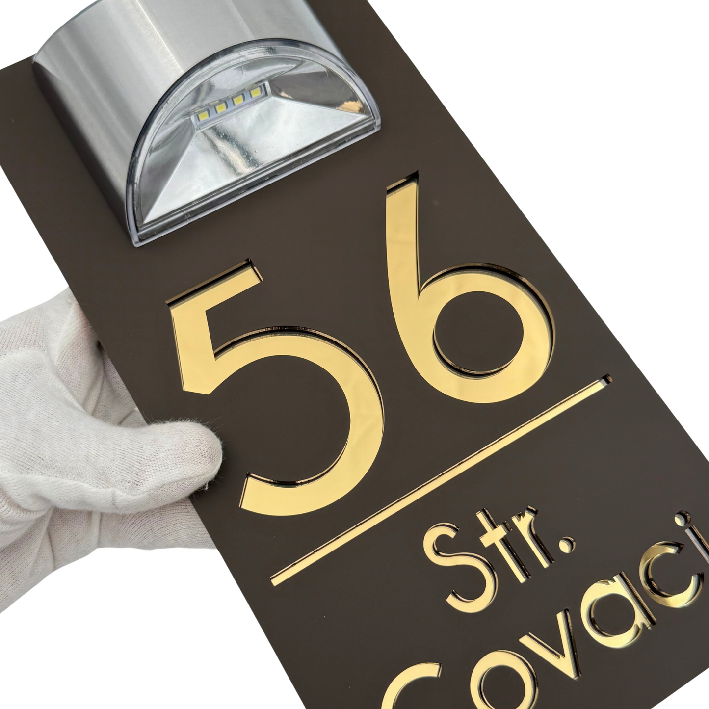 PREMIUM HOUSE NUMBER – Satin Brown Gold Mirror Solar Lamp – 30 x15 cm