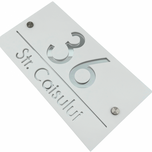 PREMIUM HOUSE NUMBER - White Satin Silver Mirror 2 Spacers Silver - 28×15 cm