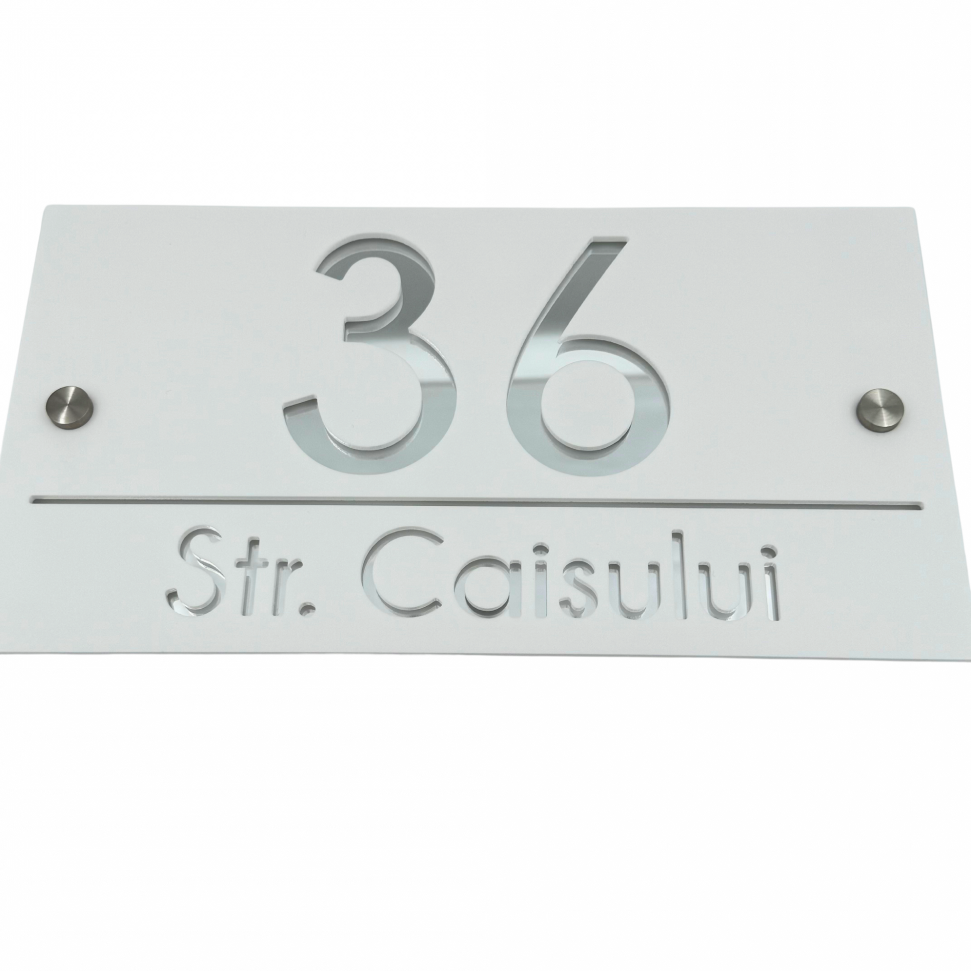 PREMIUM HOUSE NUMBER - White Satin Silver Mirror 2 Spacers Silver - 28×15 cm