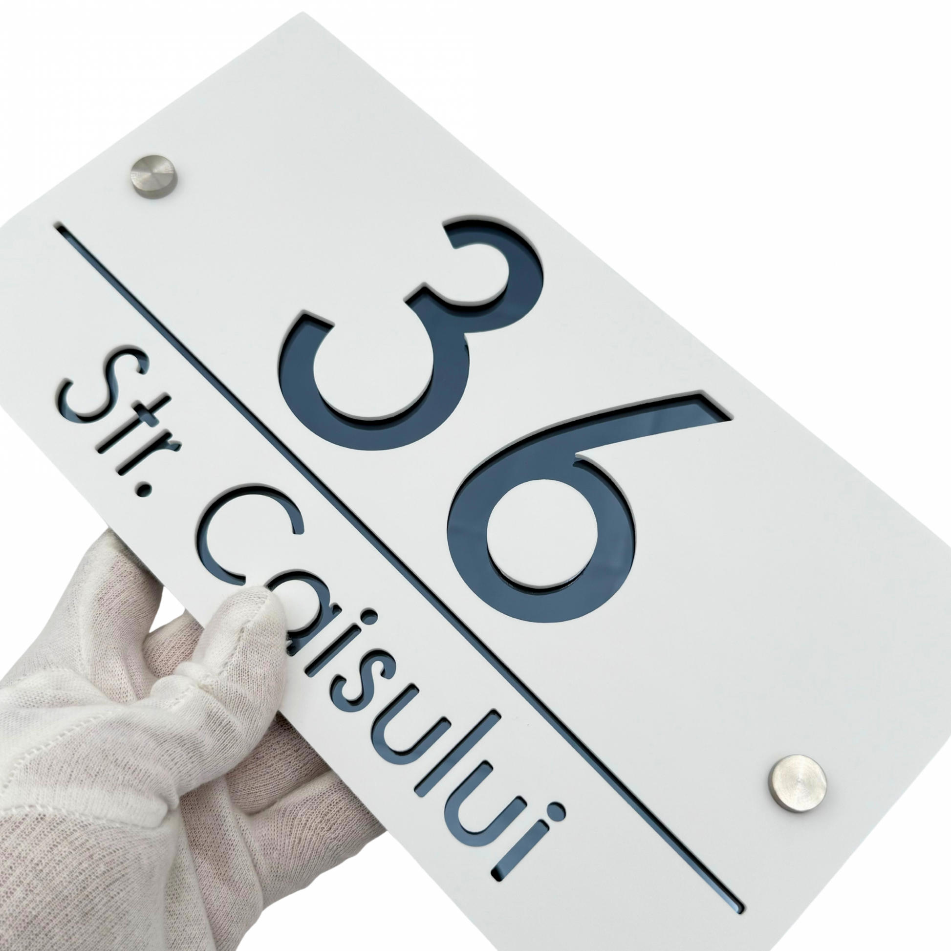 PREMIUM HOUSE NUMBER - White Satin Anthracite Grey Mirror 2 Spacers Silver - 28×15 cm