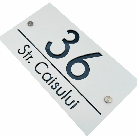 PREMIUM HOUSE NUMBER - White Satin Anthracite Grey Mirror 2 Spacers Silver - 28×15 cm