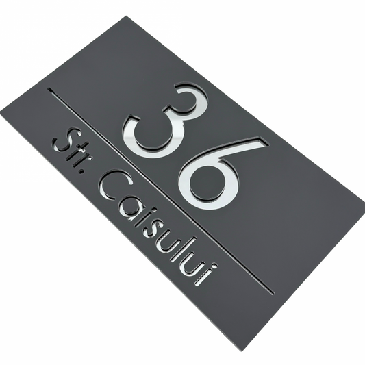 PREMIUM HOUSE NUMBER - Satin Grey Silver Mirror - 28×15 cm