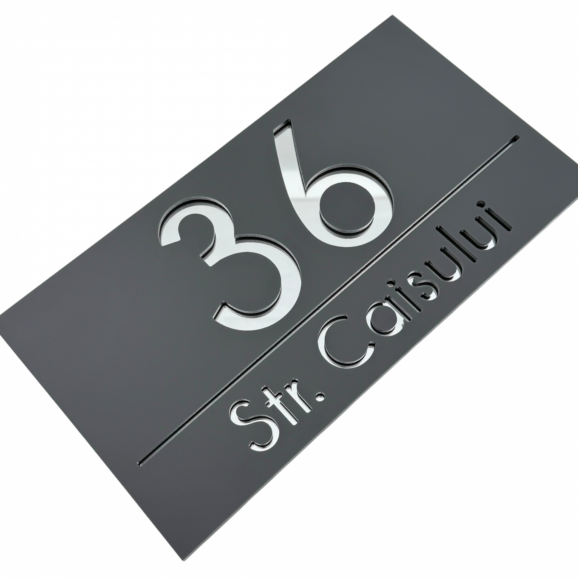 PREMIUM HOUSE NUMBER - Satin Grey Silver Mirror - 28×15 cm