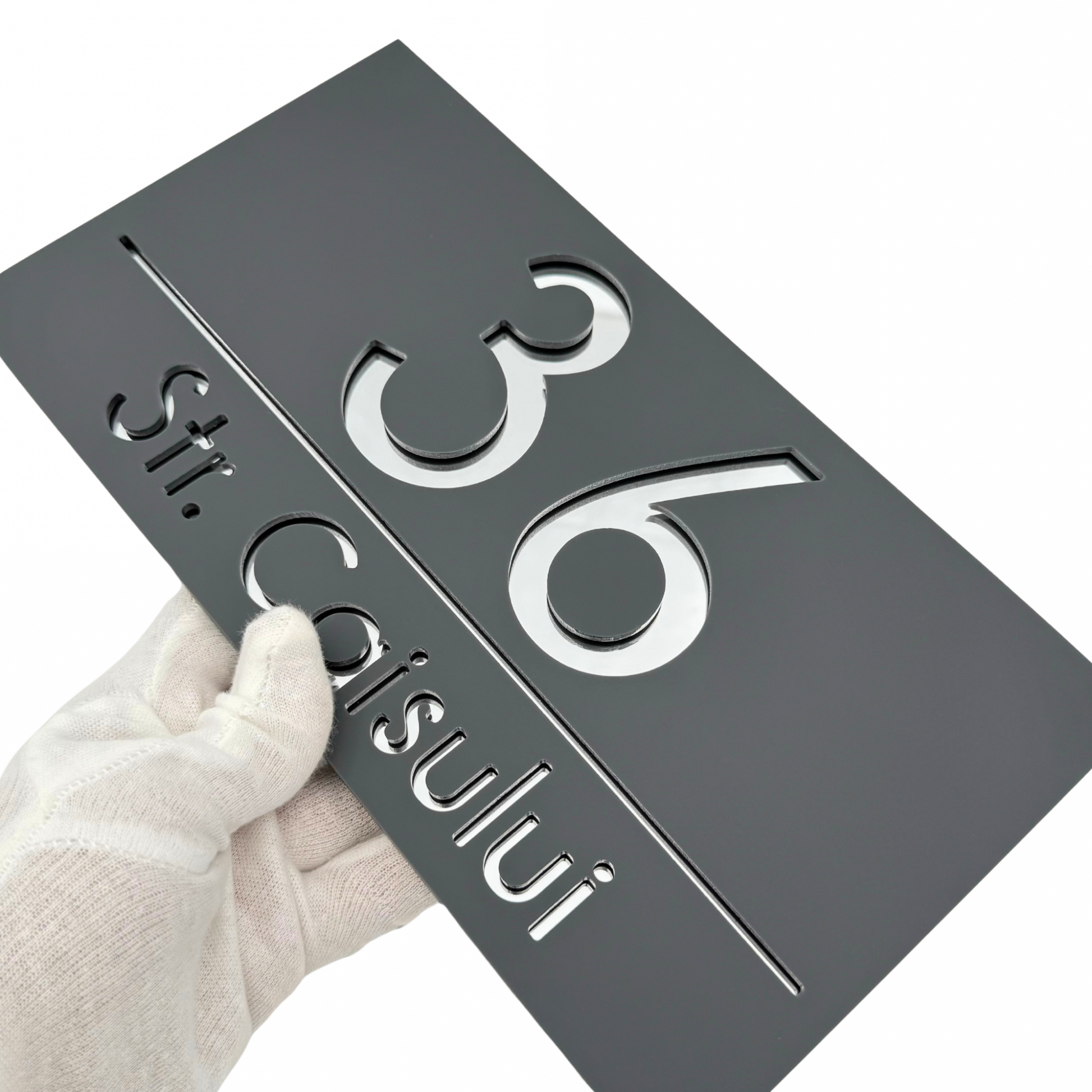 PREMIUM HOUSE NUMBER - Satin Grey Silver Mirror - 28×15 cm