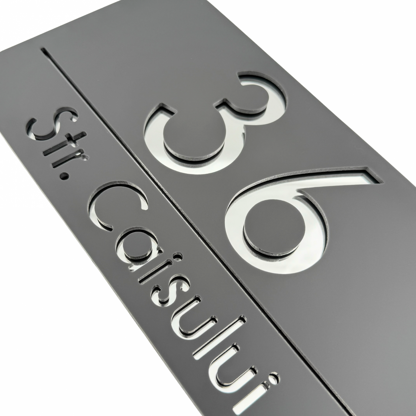 PREMIUM HOUSE NUMBER - Satin Grey Silver Mirror - 28×15 cm