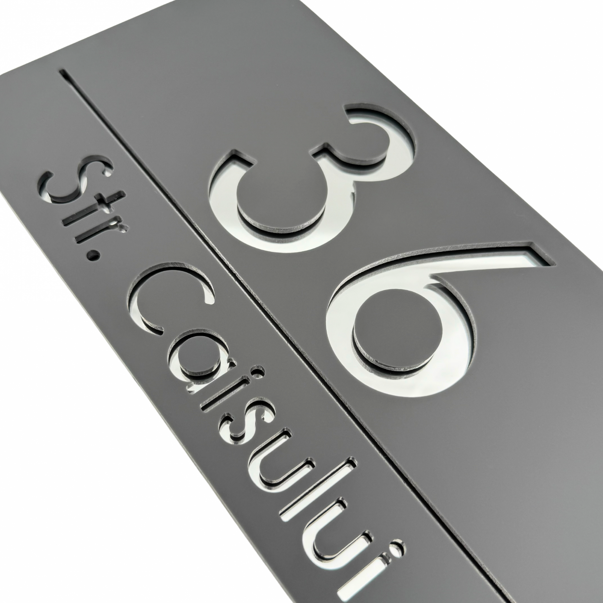 PREMIUM HOUSE NUMBER - Satin Grey Silver Mirror - 28×15 cm