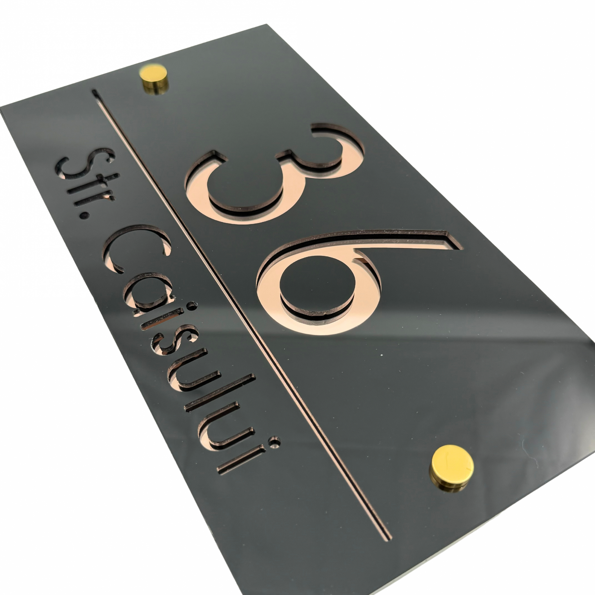 PREMIUM HOUSE NUMBER - Glossy Black Rose Gold Mirror 2 Spacers Gold - 28×15 cm