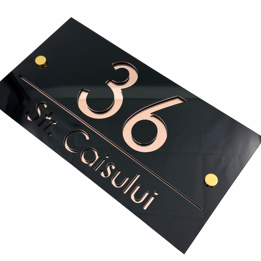 PREMIUM HOUSE NUMBER - Glossy Black Rose Gold Mirror 2 Spacers Gold - 28×15 cm