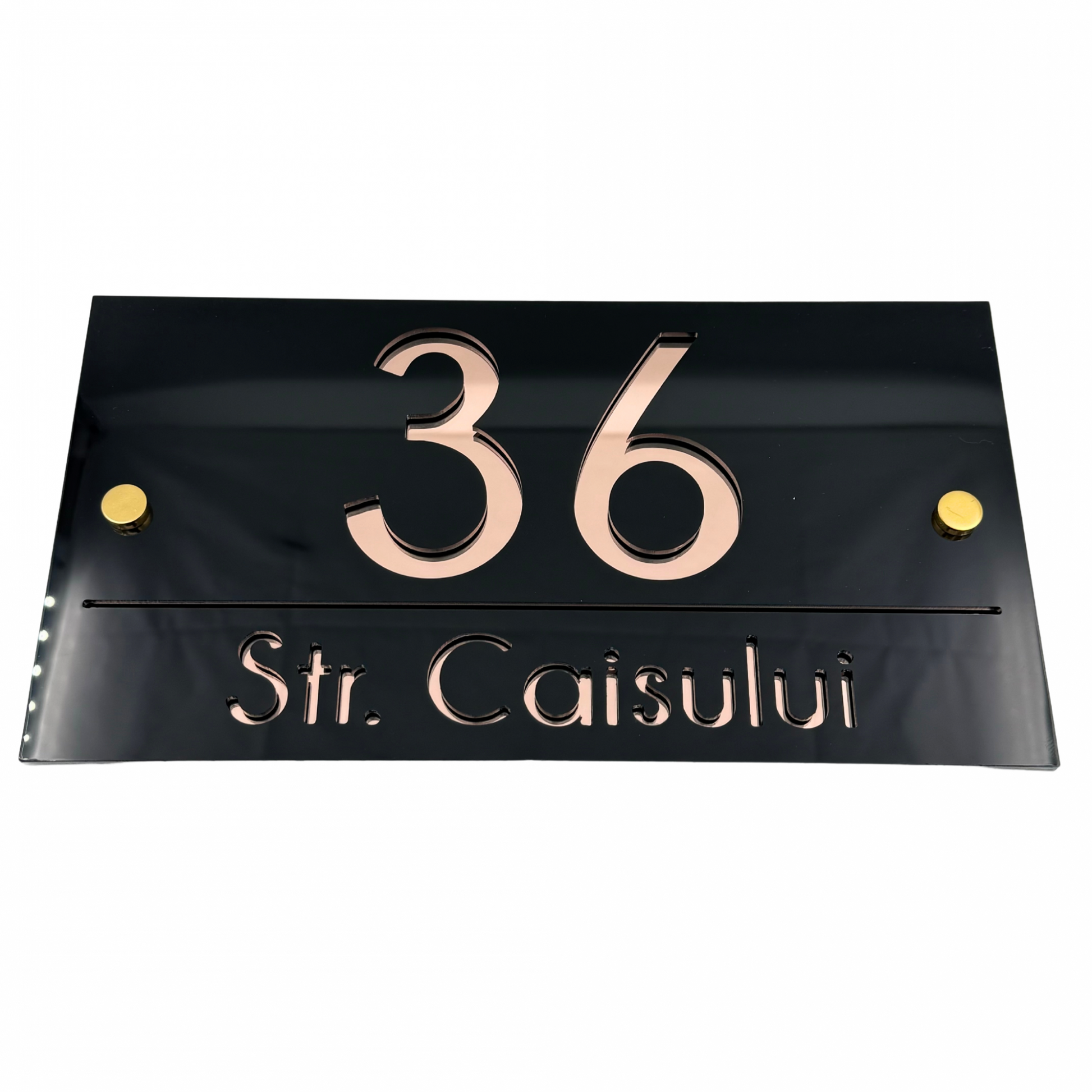 PREMIUM HOUSE NUMBER - Glossy Black Rose Gold Mirror 2 Spacers Gold - 28×15 cm