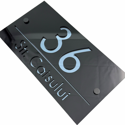PREMIUM HOUSE NUMBER - Glossy Black Anthracite Grey Mirror 2 Spacers NeGreyi - 28×15 cm