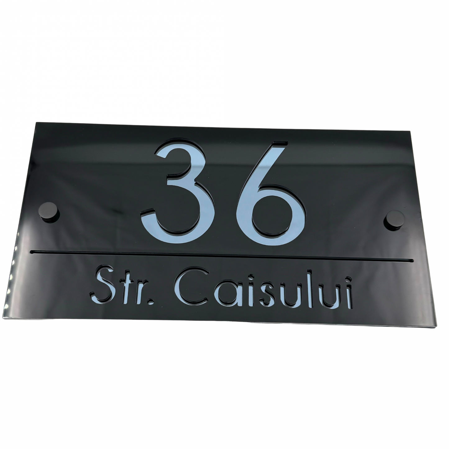 PREMIUM HOUSE NUMBER - Glossy Black Anthracite Grey Mirror 2 Spacers NeGreyi - 28×15 cm