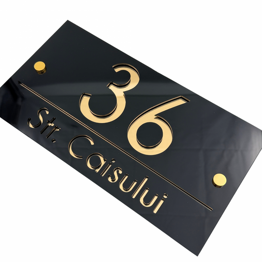 PREMIUM HOUSE NUMBER - Glossy Black Gold Mirror 2 Spacers Gold - 28×15 cm
