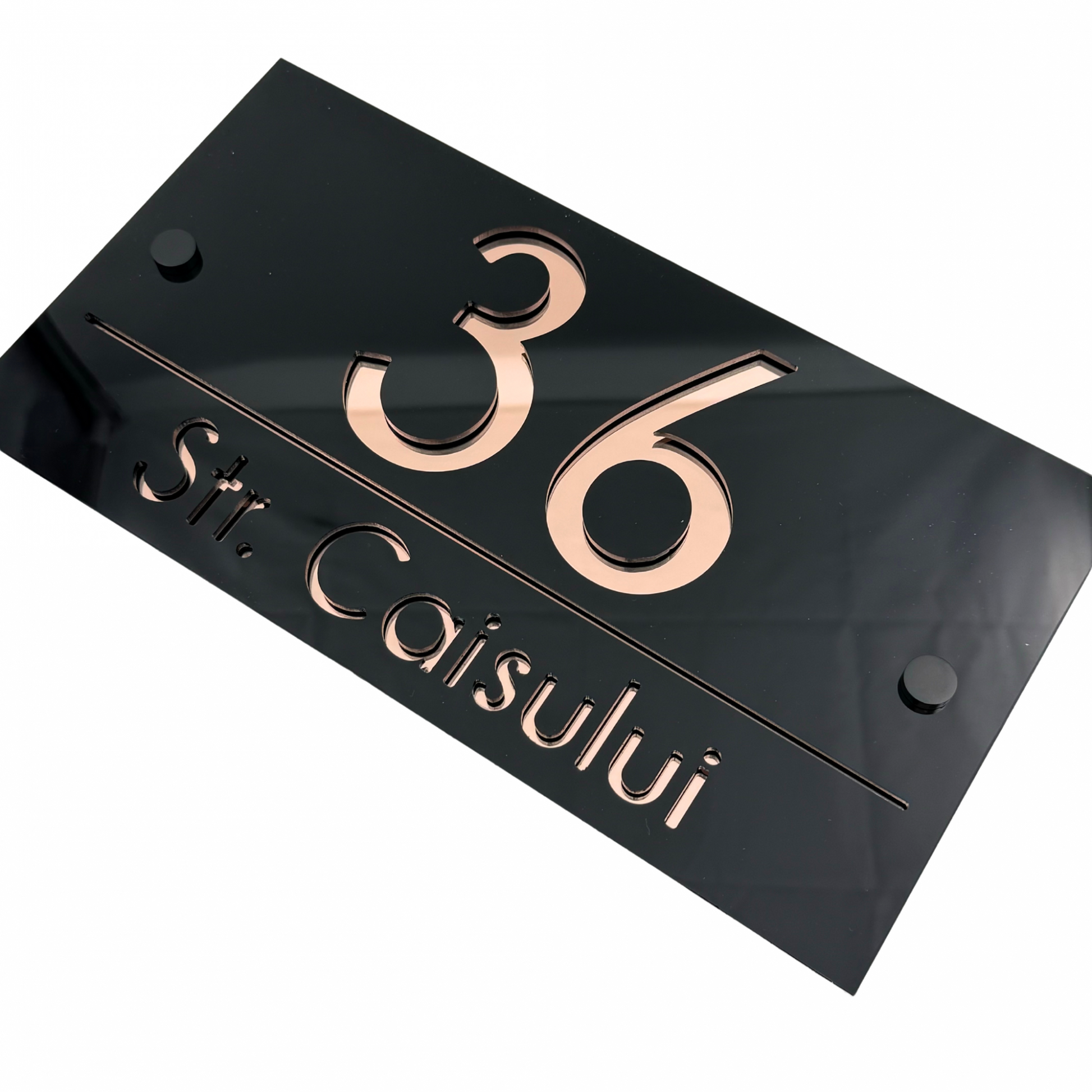 PREMIUM HOUSE NUMBER - Glossy Black Rose Gold Mirror 2 Spacers NeGreyi - 28×15 cm
