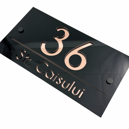 PREMIUM HOUSE NUMBER - Glossy Black Rose Gold Mirror 2 Spacers NeGreyi - 28×15 cm