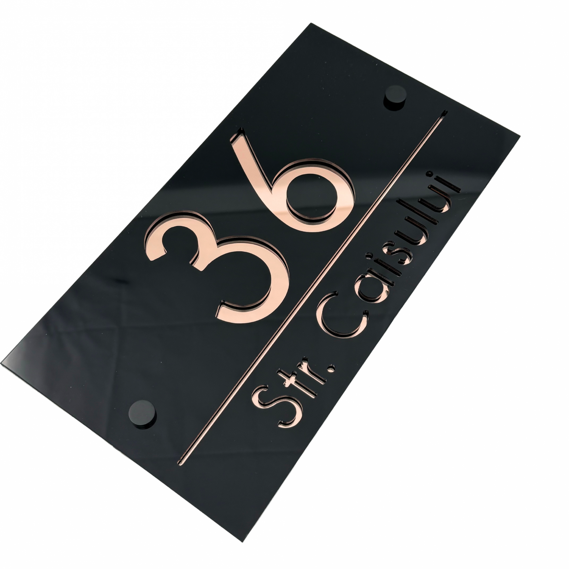 PREMIUM HOUSE NUMBER - Glossy Black Rose Gold Mirror 2 Spacers NeGreyi - 28×15 cm