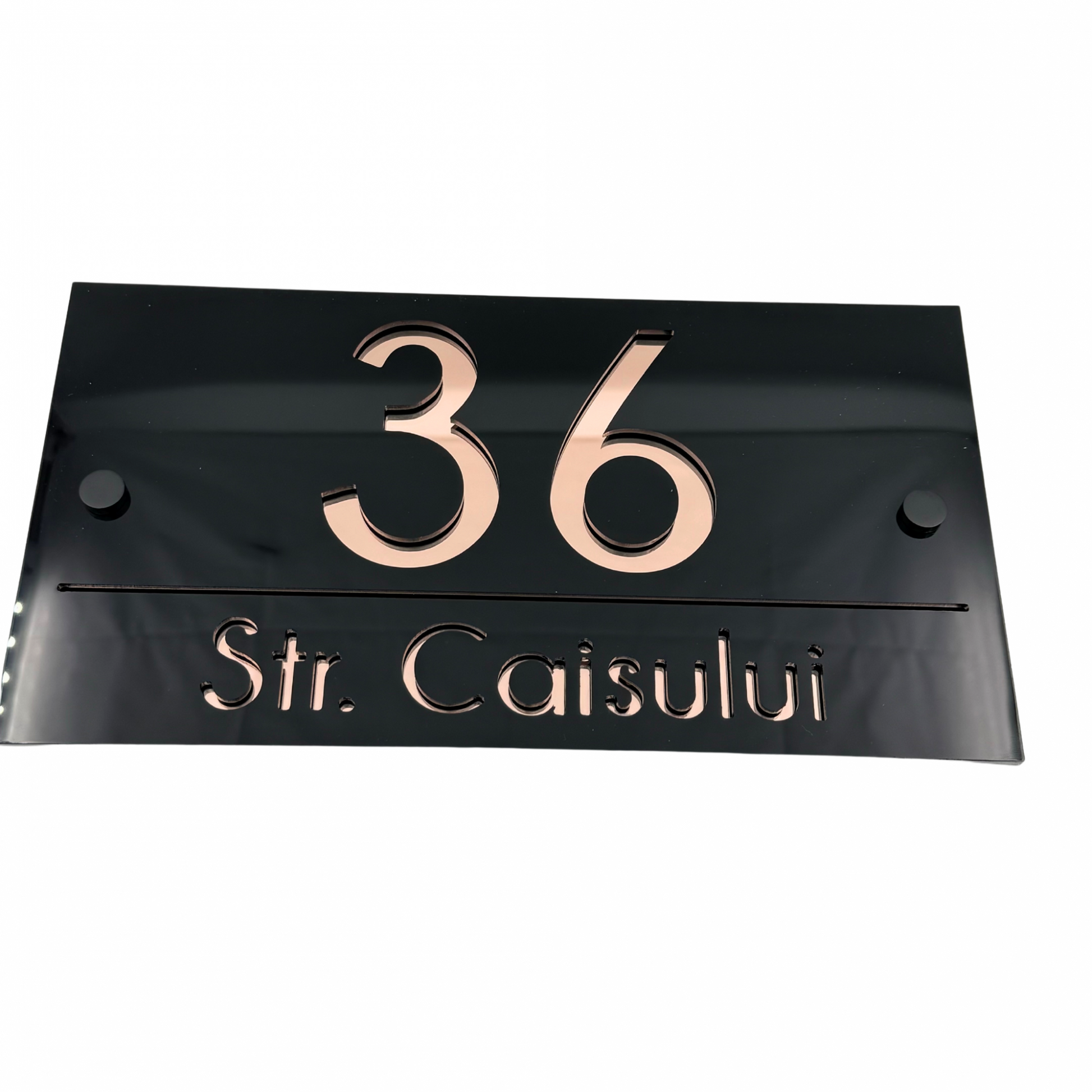 PREMIUM HOUSE NUMBER - Glossy Black Rose Gold Mirror 2 Spacers NeGreyi - 28×15 cm