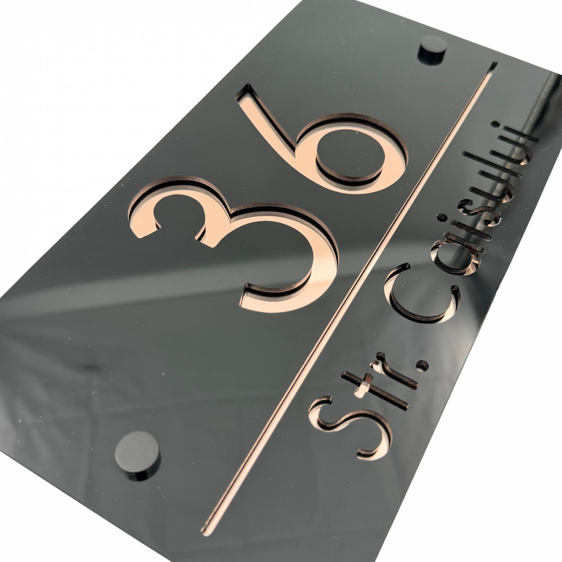 PREMIUM HOUSE NUMBER - Glossy Black Rose Gold Mirror 2 Spacers NeGreyi - 28×15 cm