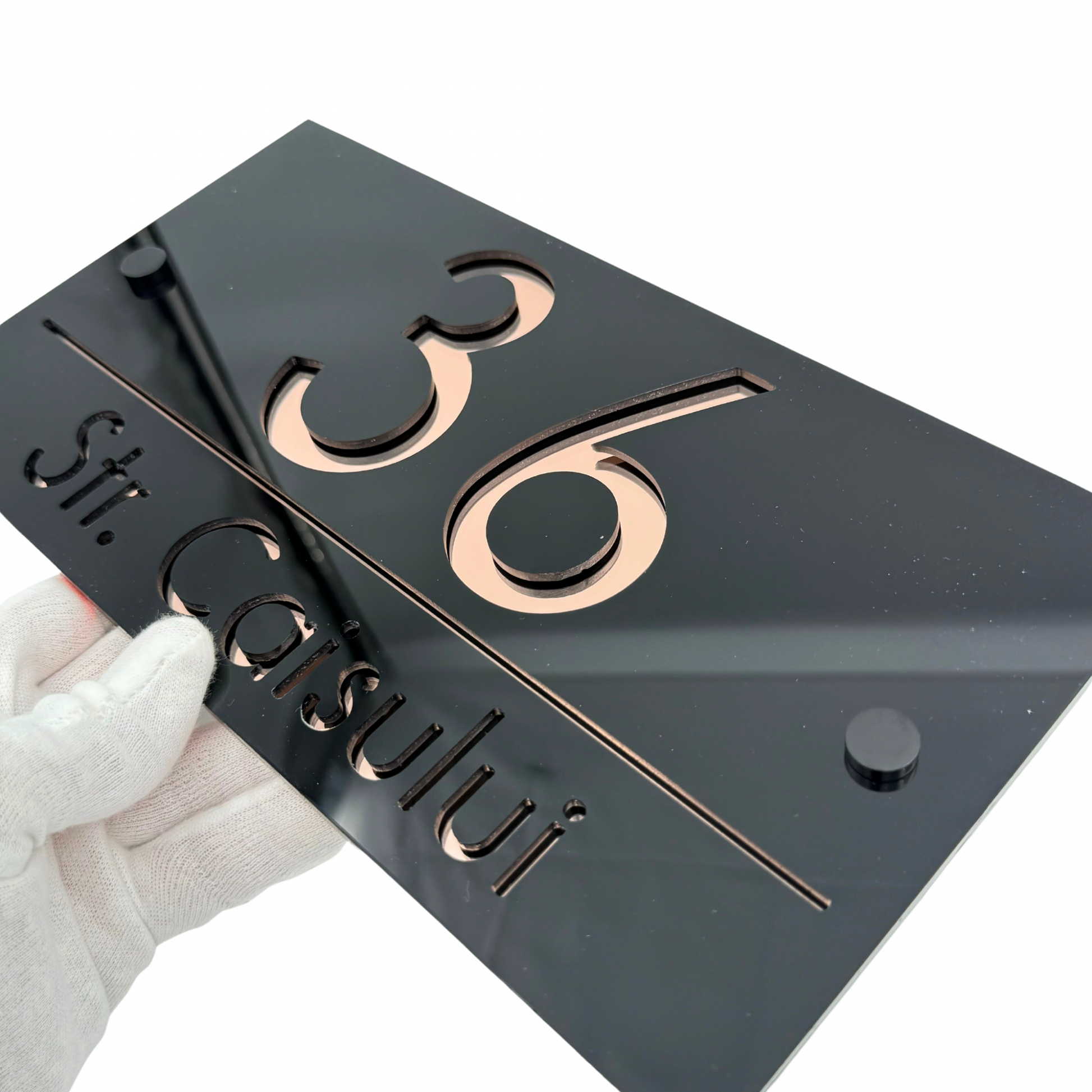 PREMIUM HOUSE NUMBER - Glossy Black Rose Gold Mirror 2 Spacers NeGreyi - 28×15 cm