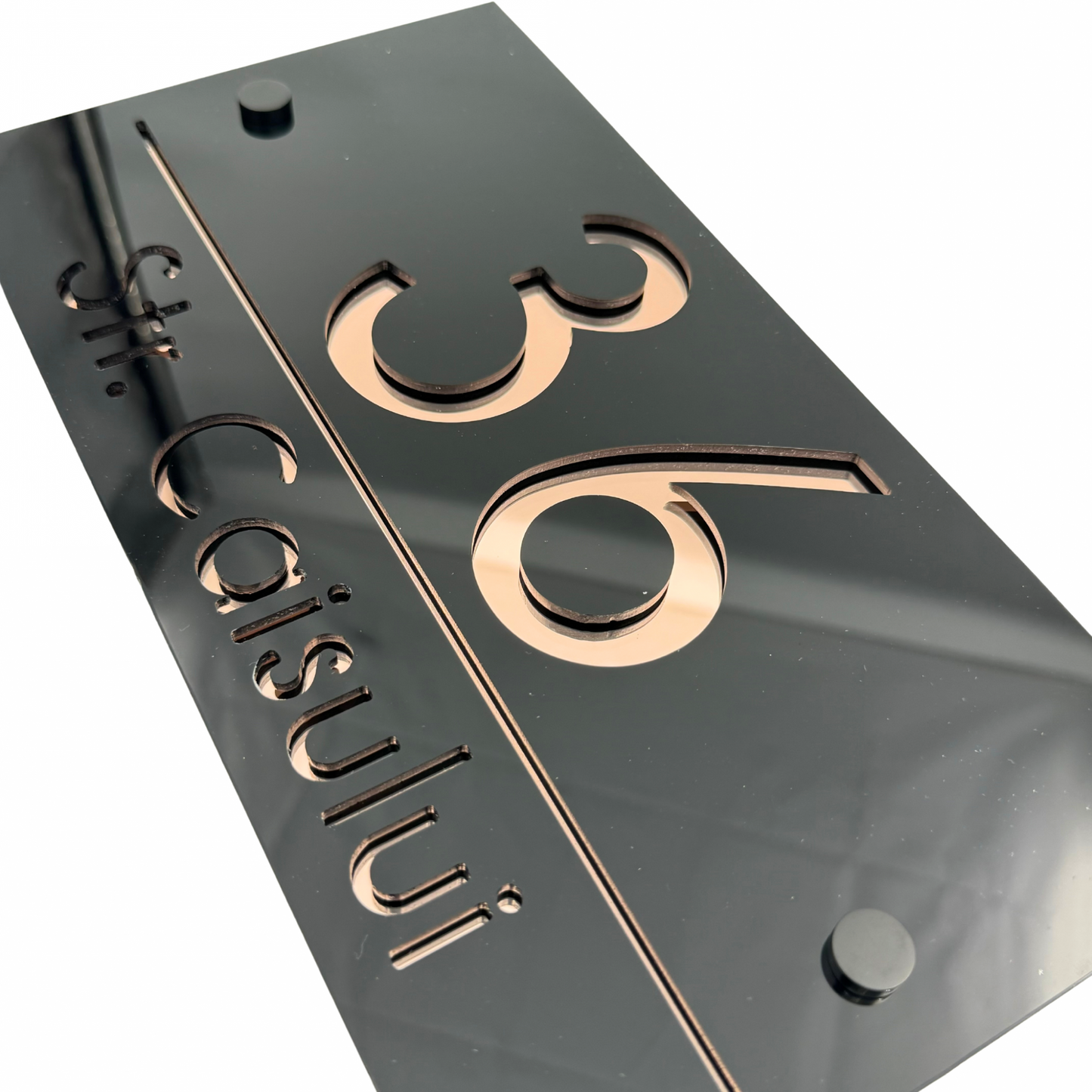 PREMIUM HOUSE NUMBER - Glossy Black Rose Gold Mirror 2 Spacers NeGreyi - 28×15 cm