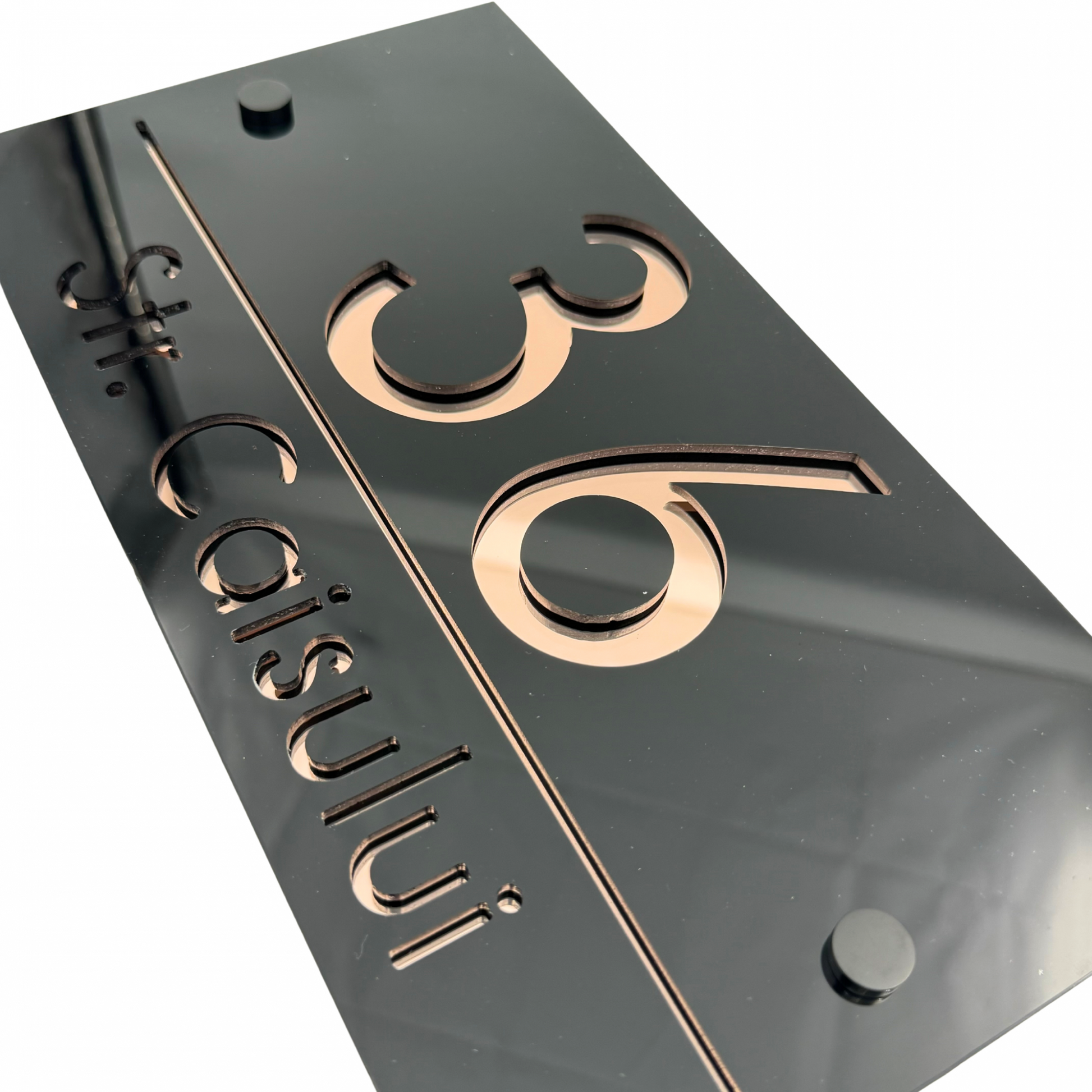 PREMIUM HOUSE NUMBER - Glossy Black Rose Gold Mirror 2 Spacers NeGreyi - 28×15 cm