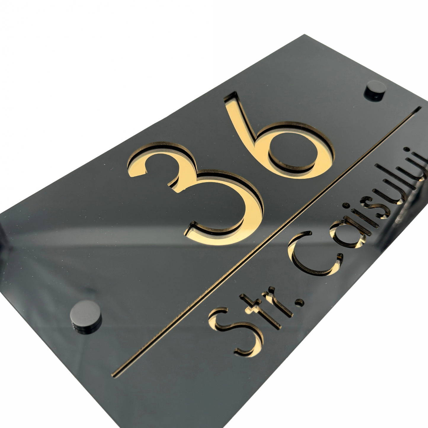 PREMIUM HOUSE NUMBER - Glossy Black Gold Mirror 2 Spacers NeGreyi - 28×15 cm