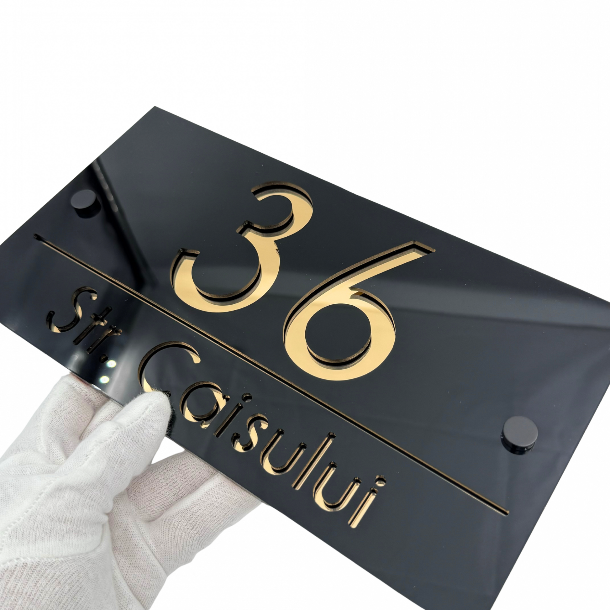 PREMIUM HOUSE NUMBER - Glossy Black Gold Mirror 2 Spacers NeGreyi - 28×15 cm