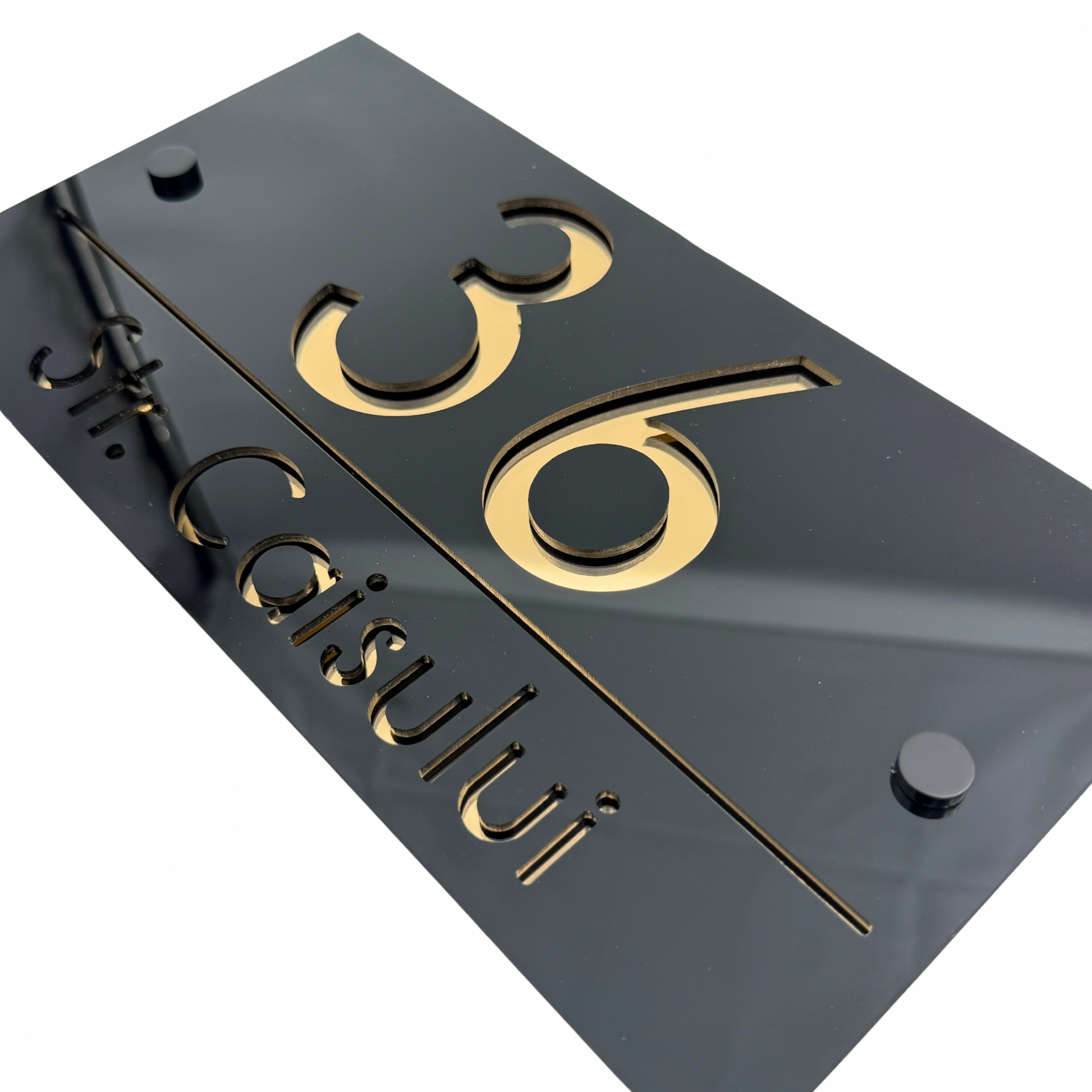 PREMIUM HOUSE NUMBER - Glossy Black Gold Mirror 2 Spacers NeGreyi - 28×15 cm