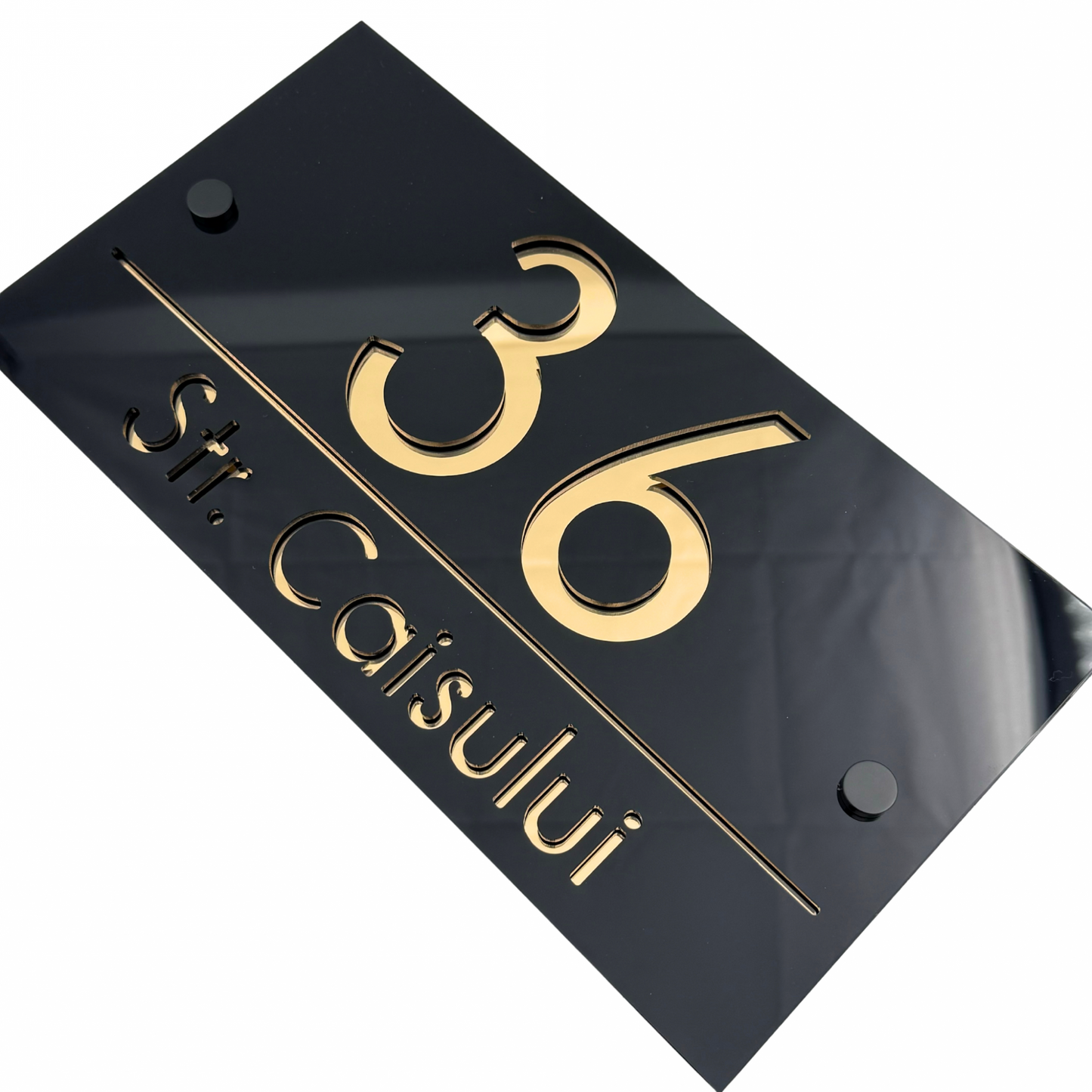 PREMIUM HOUSE NUMBER - Glossy Black Gold Mirror 2 Spacers NeGreyi - 28×15 cm