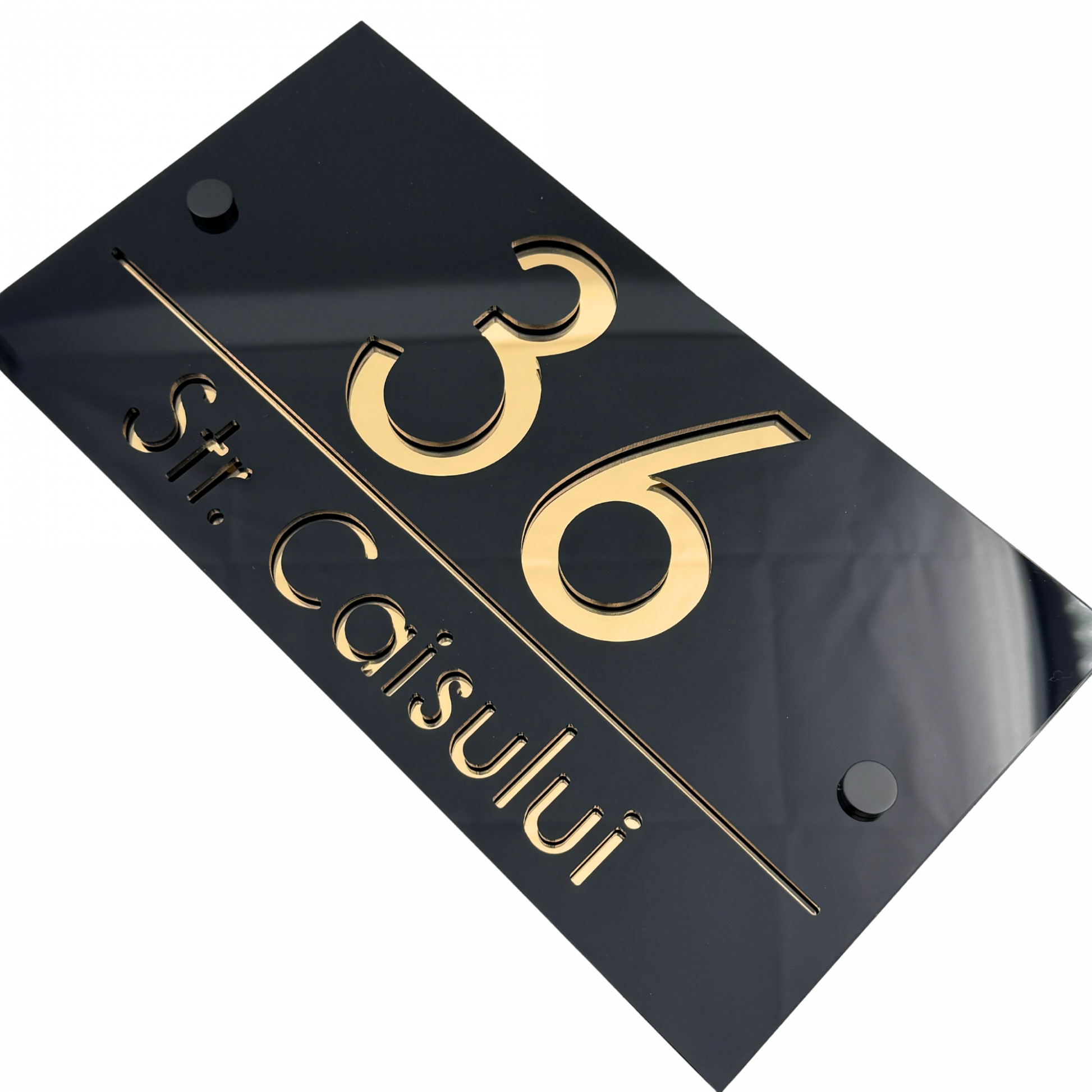 PREMIUM HOUSE NUMBER - Glossy Black Gold Mirror 2 Spacers NeGreyi - 28×15 cm