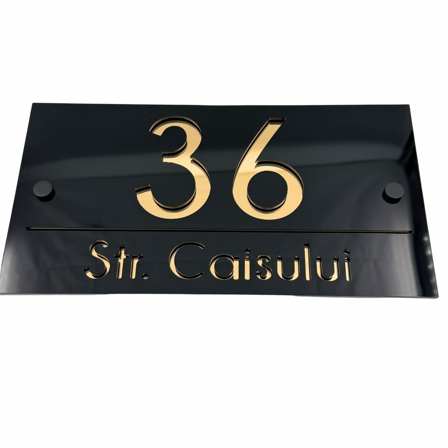 PREMIUM HOUSE NUMBER - Glossy Black Gold Mirror 2 Spacers NeGreyi - 28×15 cm