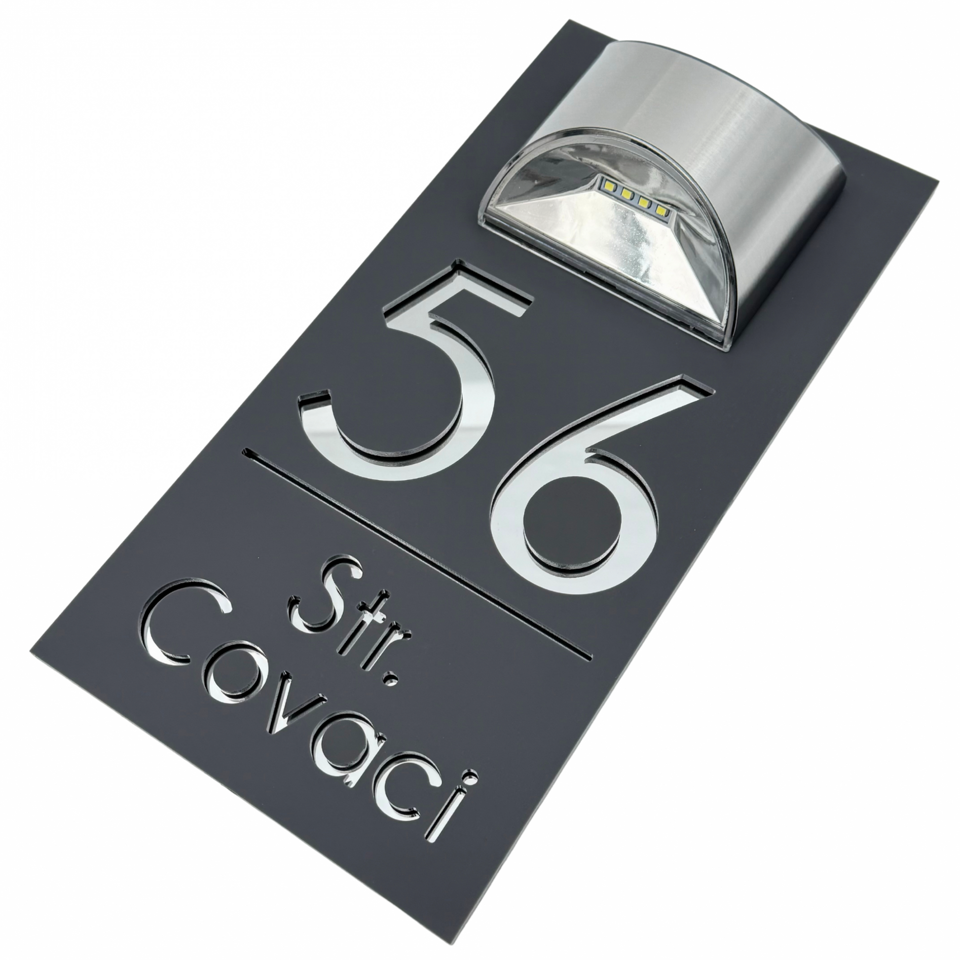 PREMIUM HOUSE NUMBER - Satin Grey Silver Mirror Lampa Solara - 30×15 cm
