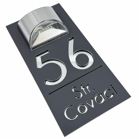 PREMIUM HOUSE NUMBER - Satin Grey Silver Mirror Lampa Solara - 30×15 cm